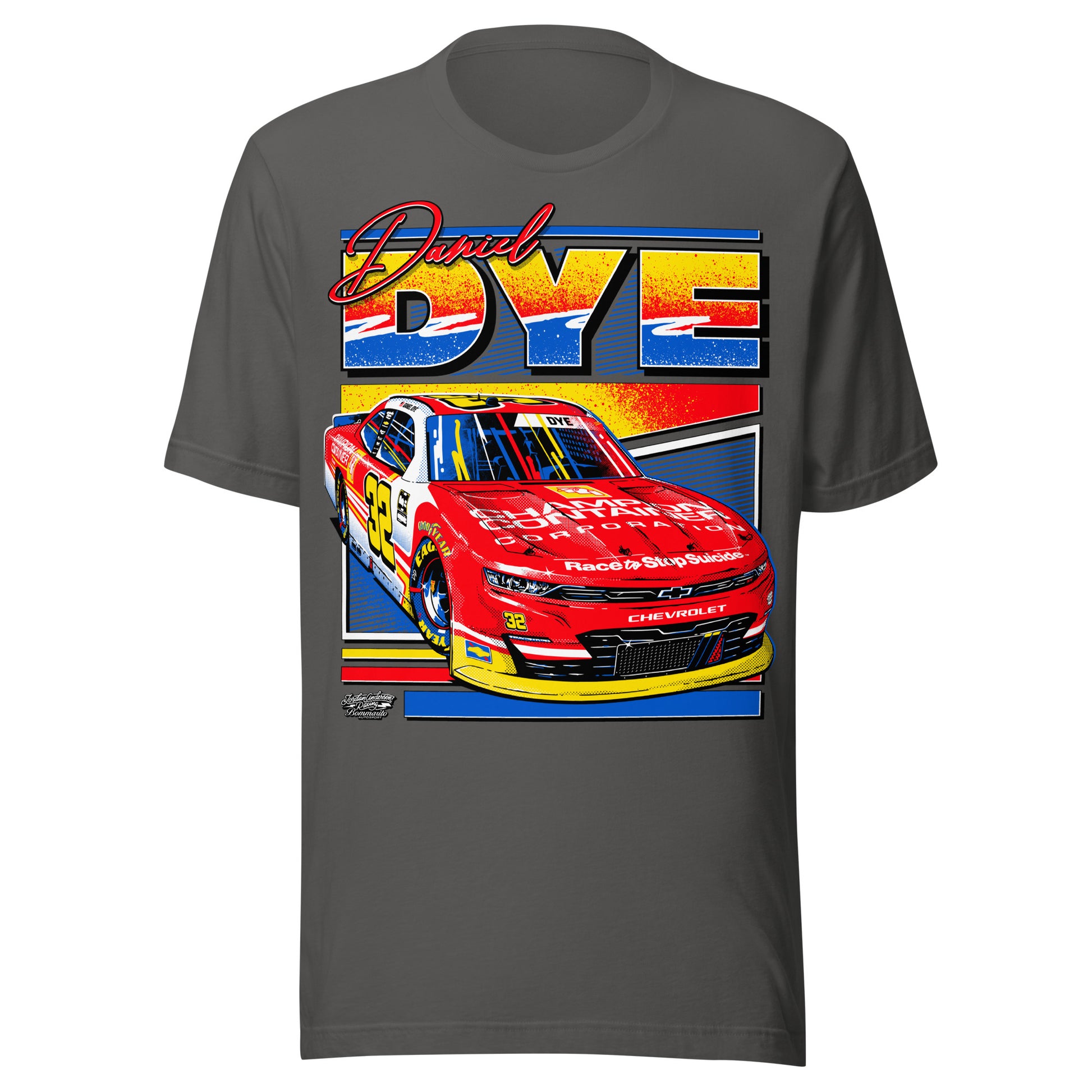 Daniel Dye #32 NASCAR O'Reilly Auto Parts Series tee in asphalt grey, front view