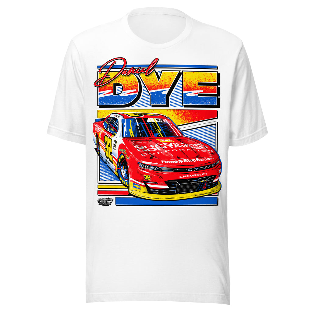 Daniel Dye #32 NASCAR O'Reilly Auto Parts Series tee in white, front view